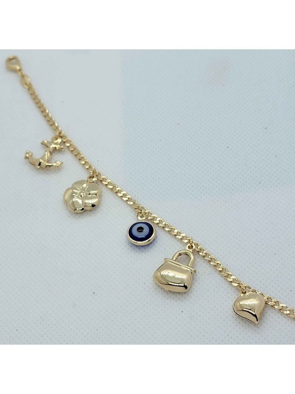 Brand New Brazilian 18k Gold Filled Multi Charms w/   Blue Evil Eye Bracelet